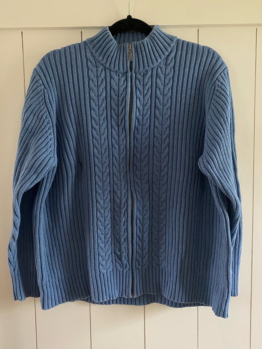 Lands’ End 100% Cotton Blue Cable Knit Cardigan Zip Up Sweater